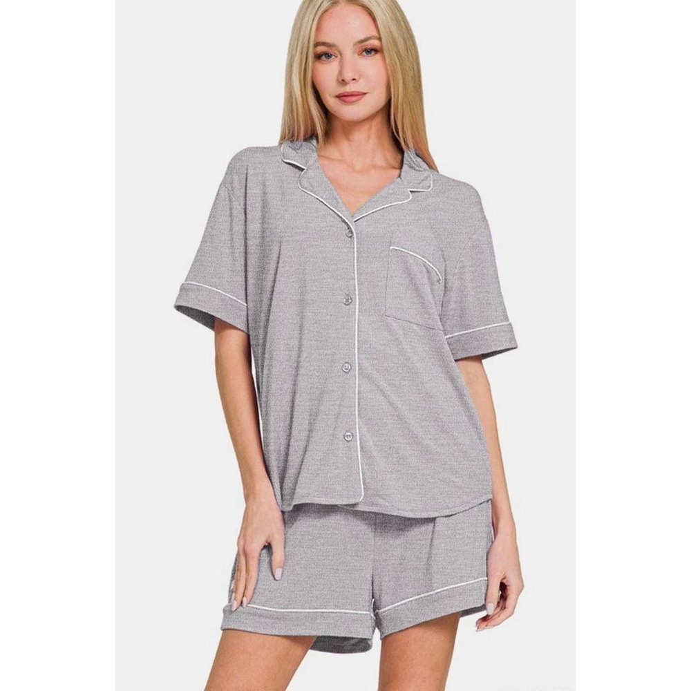 Zenana Womens Heather Gray Pajama Set Short Sleeve Button Down Shorts Large